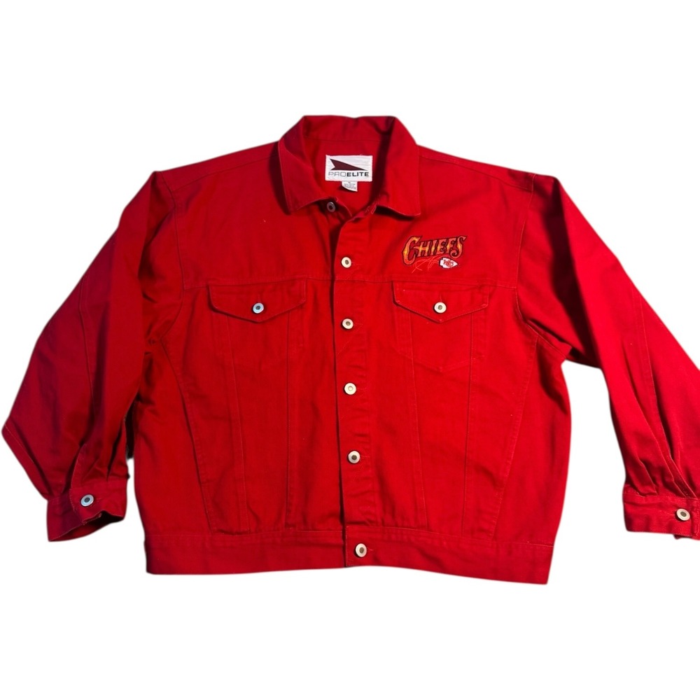 VTG 1990's Pro Elite Kansas City Chiefs Red Denim Jacket Mens XL NFL Embroidered